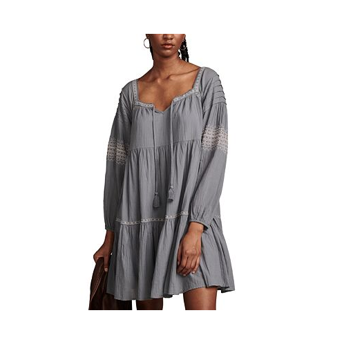 Lucky Brand Womens Cotton Embroidered Tiered Long-Sleeve Mini Dress