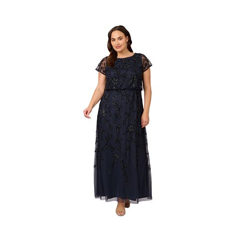 Adrianna Papell Plus Size Blouson Beaded Short-Sleeve Gown