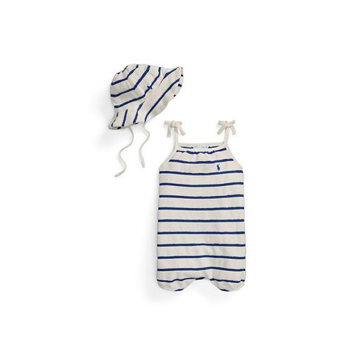 Polo Ralph Lauren Baby Girls Striped Terry Bubble Shortall and Hat Set