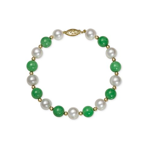 Macys Cultured Freshwater Pearl and Dyed Jade Bracelet in 14k Gold
