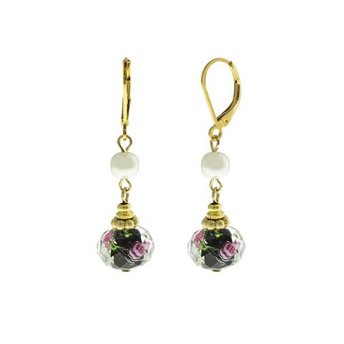 2028 Gold-Tone Imitation Pearl and Black Floral Drop Bead Earrings