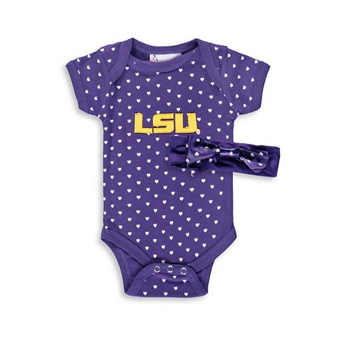 Two Feet Ahead Infant Boys and Girls Purple LSU Tigers Hearts Bodysuit and Headband Set 2 Pack