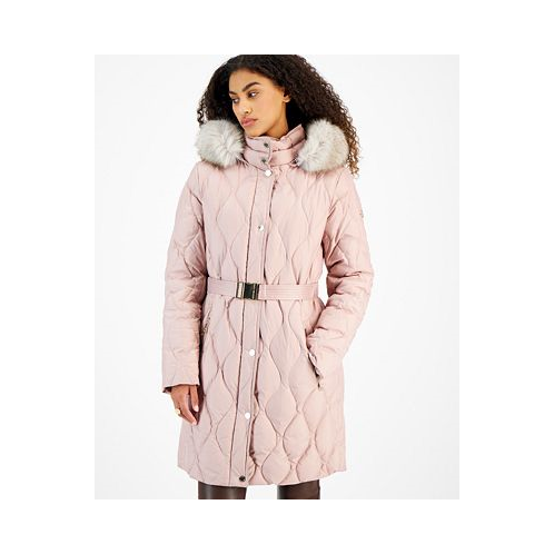 Michael Kors Womens Belted Faux-Fur-Trimmed Hooded Puffer Coat