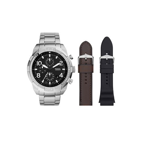 Fossil Mens Bronson Chronograph Silver-Tone Stainless Steel Bracelet Watch 50mm and Interchangeable Brown Leather Strap Black Silicone Band Set