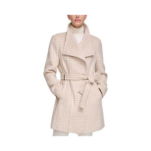 Calvin Klein Womens Petite Asymmetrical Belted Wrap Coat