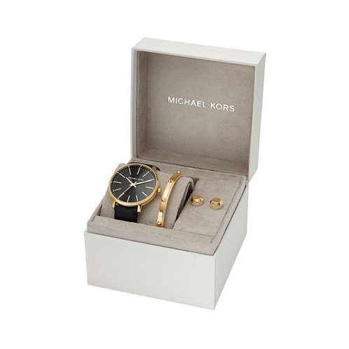 Michael Kors Womens Pyper Three-Hand Black Leather Watch 38mm and Jewelry Gift Set