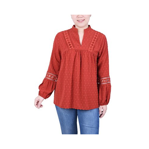 NY Collection Petite Long Sleeve Blouse with Crochet Trim