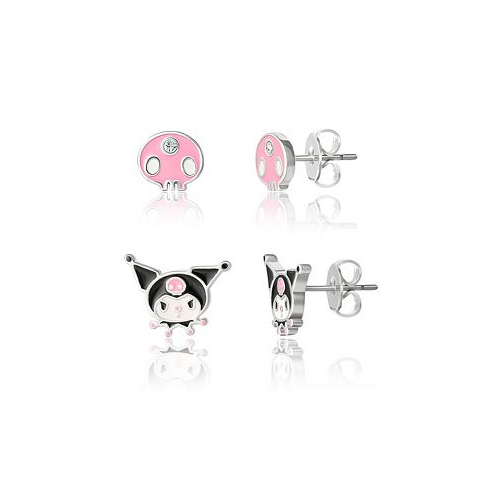 Hello Kitty Sanrio Pink Skull and Kuromi Silver Plated Earring Set - 2 Pairs Officially Licensed