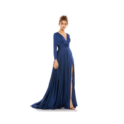 Mac Duggal Womens Ieena Long Sleeve Ruched Waist A-Line Gown
