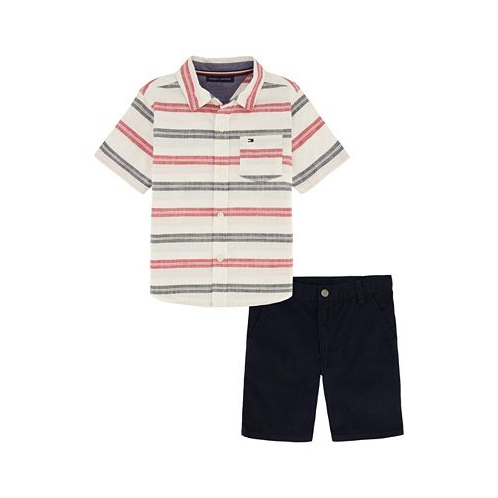 Tommy Hilfiger Toddler Boys Prewashed Multi Stripe Short Sleeve Shirt and Twill Shorts 2 Piece Set