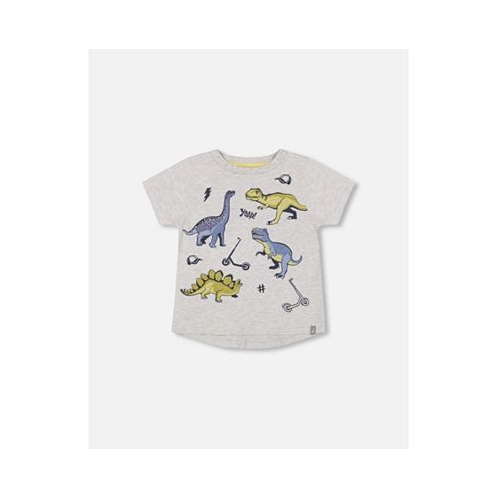 Deux par Deux Boy Organic Cotton T-Shirt With Dino Print Light Gray Mix - Toddler|Child