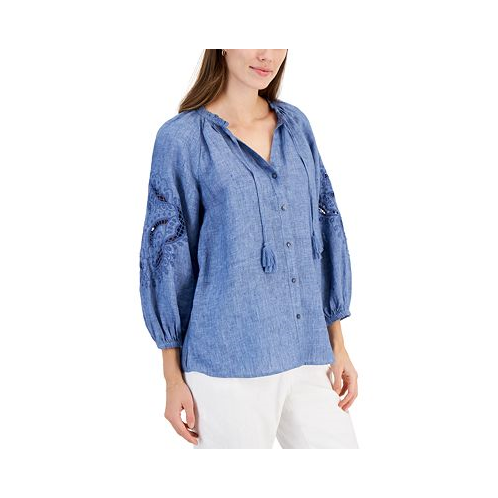 Charter Club Womens 100% Linen Delave Eyelet Top