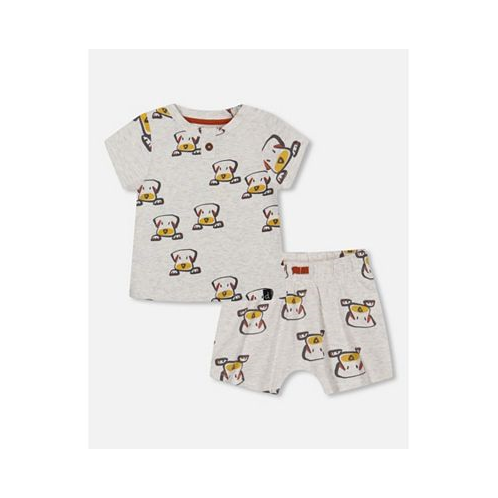 Deux par Deux Baby Boy Organic Cotton Top And Short Set Heather Beige With Printed Dog - Infant