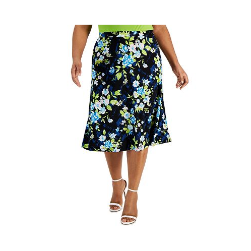 Kasper Plus Size Floral Flared Pull-On Midi Skirt
