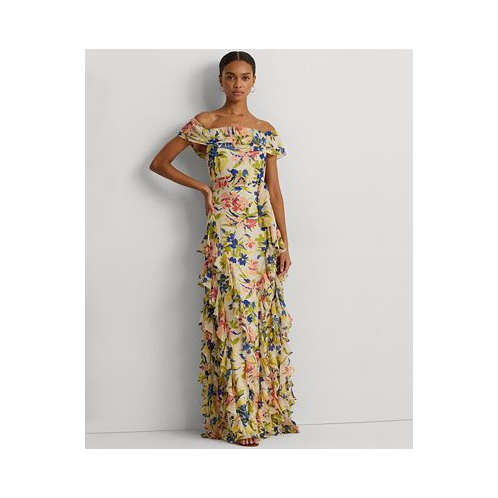 POLO Ralph Lauren Womens Ruffled Floral Off-The-Shoulder Gown