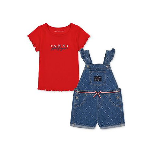 Tommy Hilfiger Little Girls Ribbed Logo T-Shirt & Printed Denim Shortall 2 Piece Set