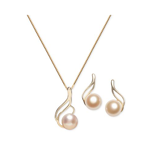 Macys 2-Pc. Set Cultured Freshwater Pearl 7mm) Swirl Pendant Necklace & Matching Stud Earrings Set in 18k Gold-Plated Sterling Silver