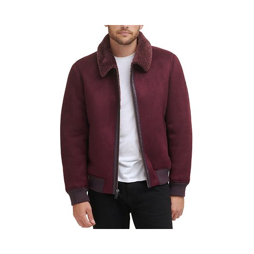 DKNY Mens Faux Shearling Bomber Jacket with Faux Fur Collar