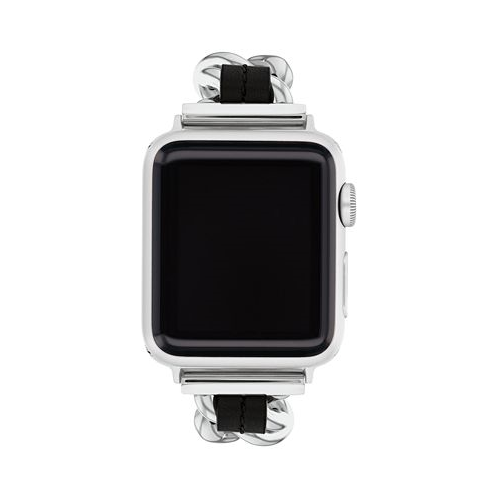 COACH Womens Silver-Tone Stainless Steel and Black Leather Chain Link Bracelet for Apple Watch 38 40 41mm