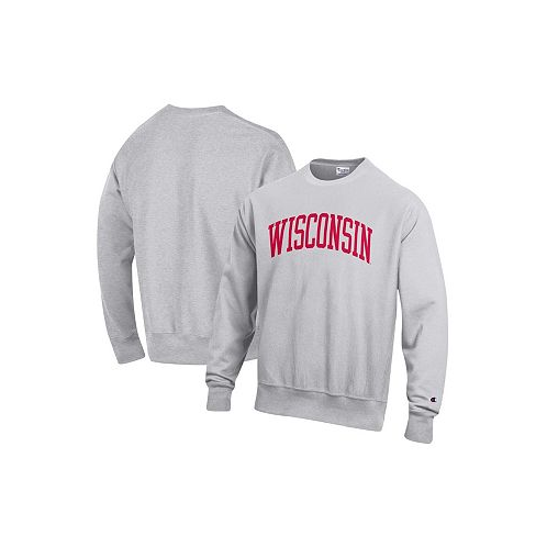 Champion Mens Heathered Gray Wisconsin Badgers Arch Reverse Weave Pullover Sweatshirt