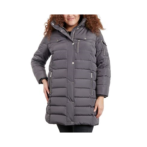 Michael Kors Womens Plus Size Faux-Fur-Trim Hooded Puffer Coat