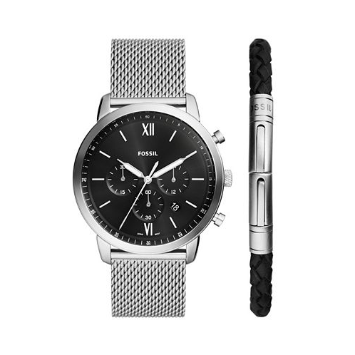 Fossil Mens Neutra Chronograph Silver-Tone Stainless Steel Mesh Watch 44mm and Bracelet Box Gift Set