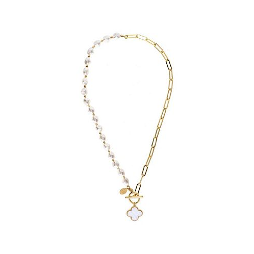 Rivka Friedman Half Pearl + Half Paperclip Chain Necklace with Clover Charm
