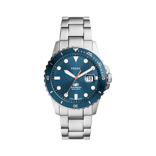 Fossil Mens Blue Dive Three-Hand Date Silver-Tone Stainless Steel Watch 42mm