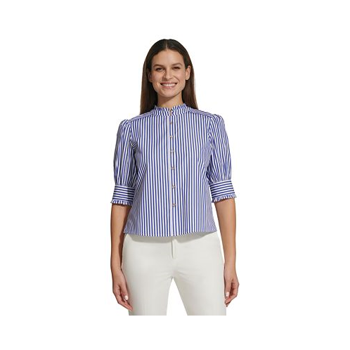 Tommy Hilfiger Womens Striped Short-Sleeve Cotton Ruffle Blouse