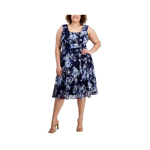 Connected Plus Size Printed Ruched-Bodice Sleeveless Dress