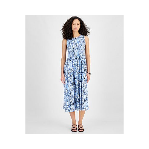 Tommy Hilfiger Womens Floral Print Smocked Sleeveless Midi Dress