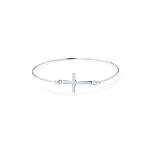 Bling Jewelry Delicate Simple Religious Inspirational Christian Faith Sideways Cross Bangle Bracelet For Women Teen .925 Sterling Silver