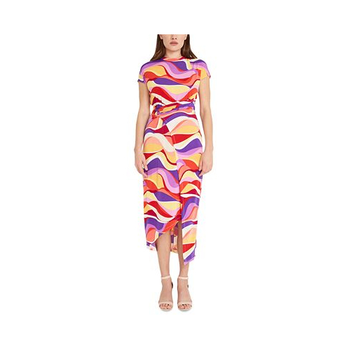 Donna Morgan Womens Printed Faux-Wrap Midi Dress