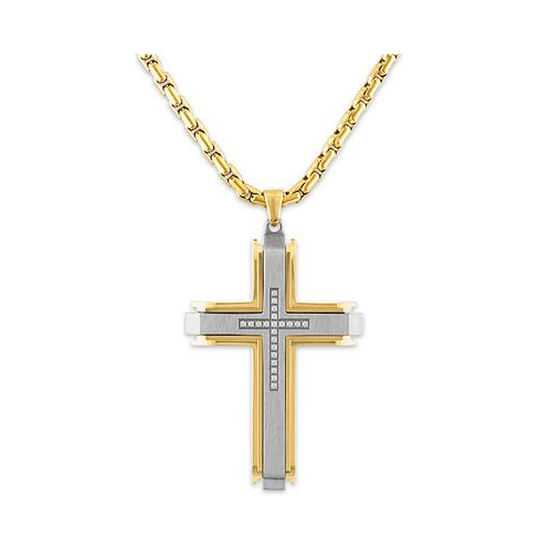 Macys Mens 1/10 Carat Diamond Cross Pendant 22 Chain in Stainless Steel and Gold Tone Ion Plating