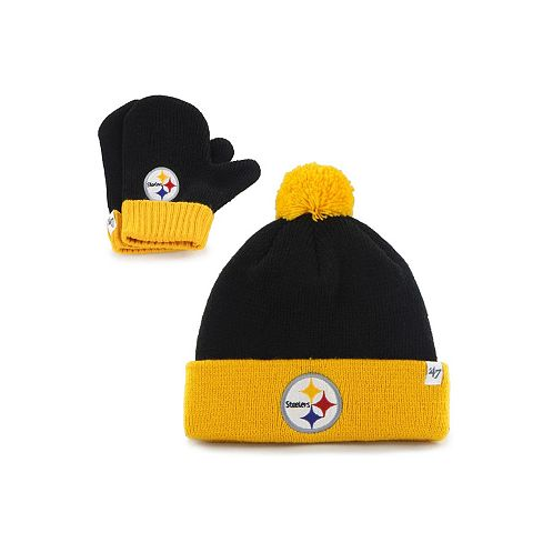 47 Brand Toddler Unisex Black and Gold Pittsburgh Steelers Bam Bam Cuffed Knit Hat with Pom and Mittens Set