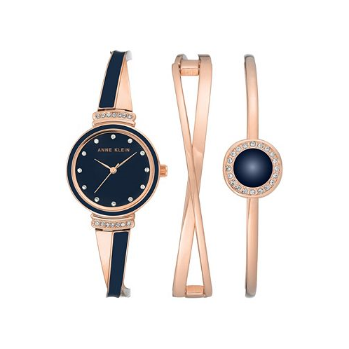 Anne Klein Womens Rose Gold-Tone Alloy Bangle with Navy Enamel and Crystal Accents Fashion Watch 33mm Set 3 Pieces
