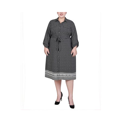 NY Collection Plus Size 3/4 Roll Tab Sleeve Belted Shirtdress