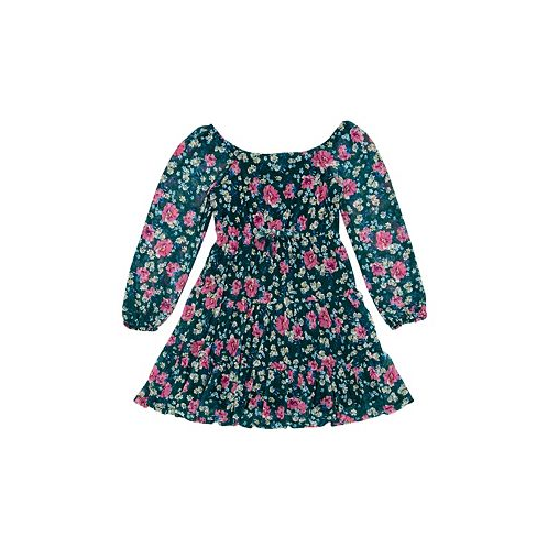 Trixxi Big Girls Long Sleeve Floral Printed Mesh with Tiered Skirt Dress