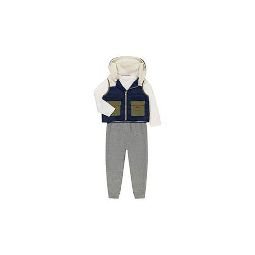 BEARPAW Toddler Boys 3 Piece Outfit Set with Sherpa Hood Vest Long Sleeve Graphic Top and Jogger Pants