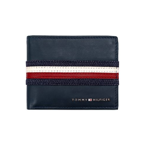 Tommy Hilfiger Mens Denim Stripe Overlay Leather RFID Passcase Wallet