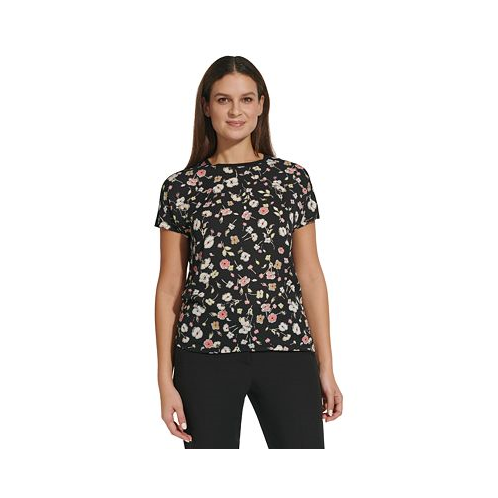 Tommy Hilfiger Womens Mixed-Media Floral-Print Top