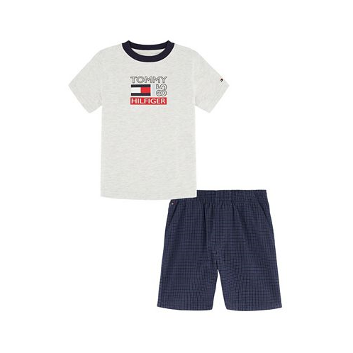 Tommy Hilfiger Toddler Boys Short Sleeve Heather Logo T-shirt and Plaid Shorts 2 Piece Set