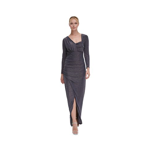 DKNY Womens Shimmer Asymmetric-Neck Side-Ruched Gown