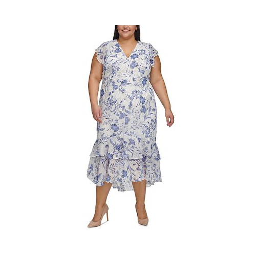 Tommy Hilfiger Plus Size Floral-Print Flutter-Sleeve Midi Dress