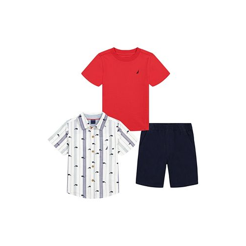 Nautica Baby Boys Short Sleeve T-shirt Print-Stripe Shirt and Twill Shorts 3-Pc Set