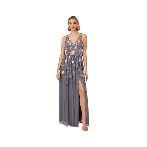 Adrianna Papell Womens Floral Embellished V-Neck Gown