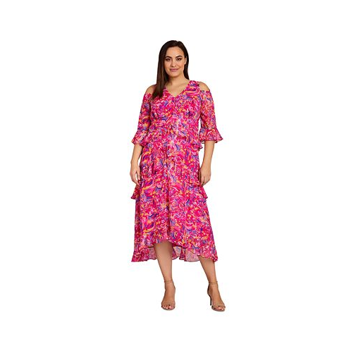 Tahari Plus Size Printed Cold-Shoulder Tiered Ruffled Maxi Dress