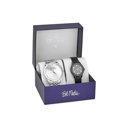 Bob Mackie Mens and Womens Silver-tone Base Metal Bracelet and Black Faux Leather Strap 2 Piece Watch Set 45mm and 32mm