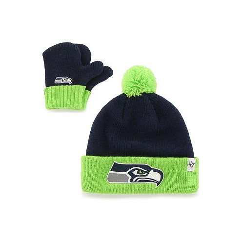 47 Brand Toddler Unisex College Navy and Neon Green Seattle Seahawks Bam Bam Cuffed Knit Hat with Pom and Mittens Set