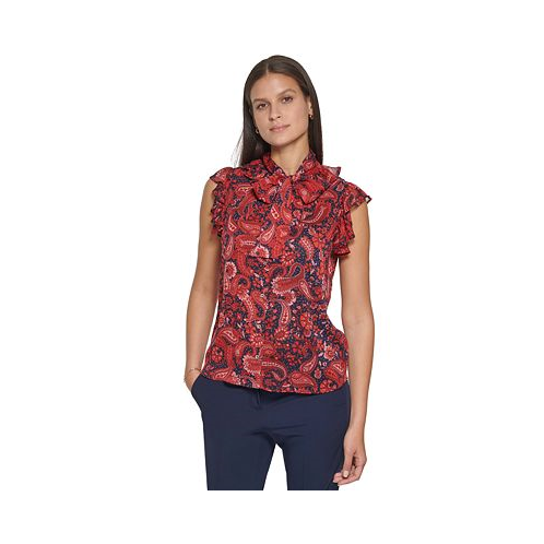Tommy Hilfiger Womens Paisley-Print Tie-Neck Ruffle Top